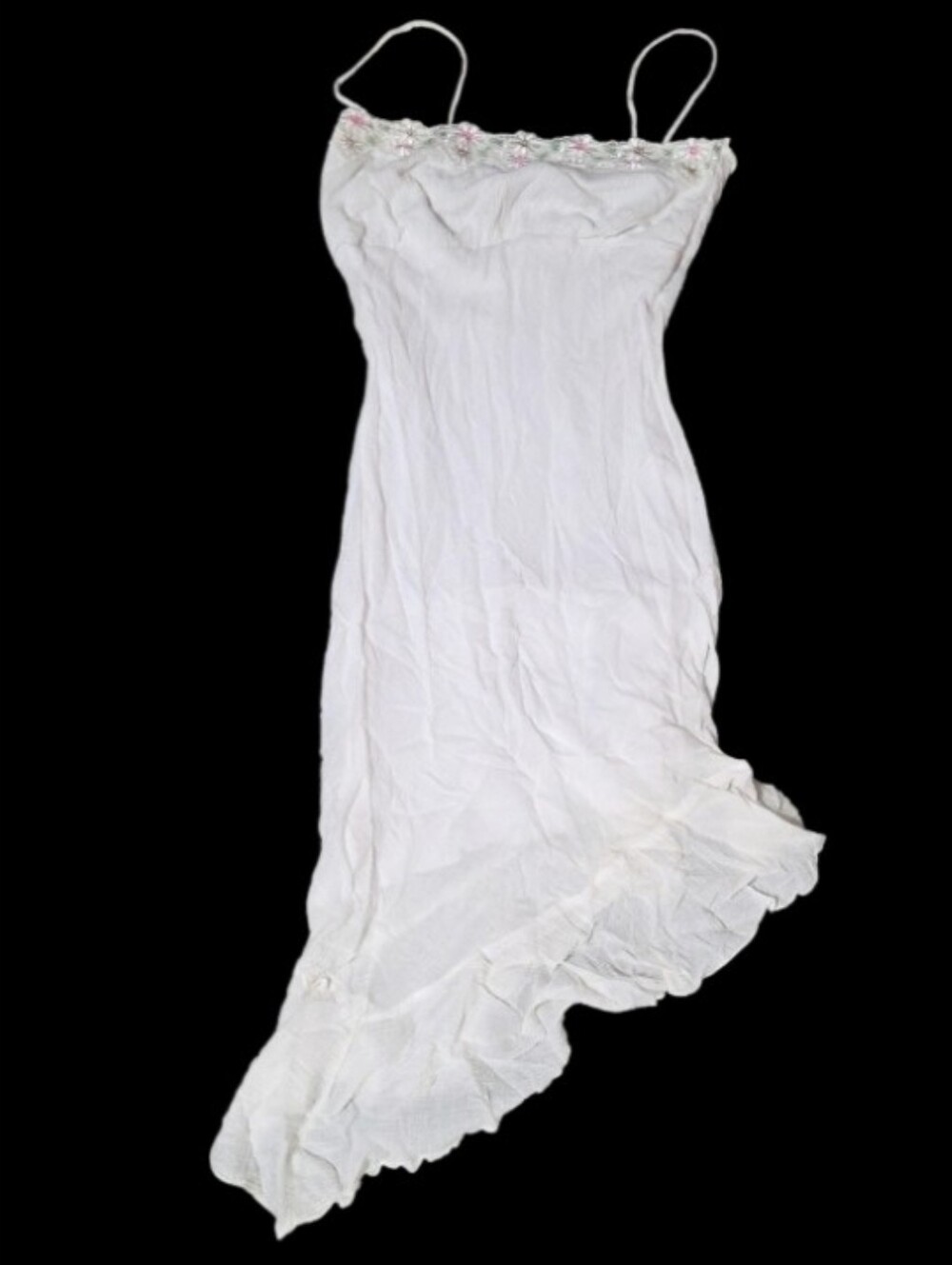 Vtg Med Gauze White Floral Trim Slip Dress Lined Assymetrical